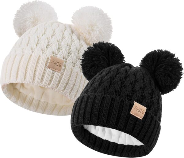 71a5SGP2B5L._AC_SL1500_-1.jpg Zestaw 2 Czapki Zimowe Dziecięce (0-36 M) Podwójny Pompon Ciepły Akryl Polar (Unisex)
