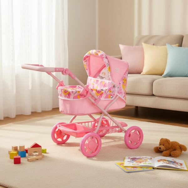 Wózek dla Lalek BabyBoo Junior Roamer 2w1, Gondola, Regulowana Rączka/Budka, Różowa Dżungla