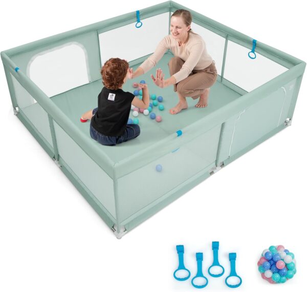 GOPLUS Kojec dla Dziecka 200x180 cm XXL z Piłkami i Materacem Szary