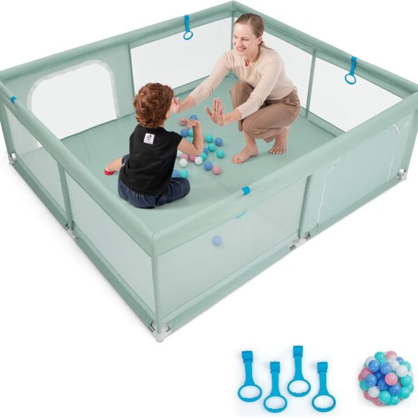 GOPLUS Kojec dla Dziecka 200x180 cm XXL z Piłkami i Materacem Szary