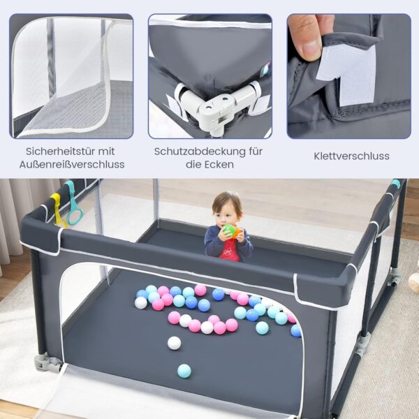 COSTWAY Kojec dla Dziecka 124x124 cm Składany z Piłkami i Uchwytami Szary