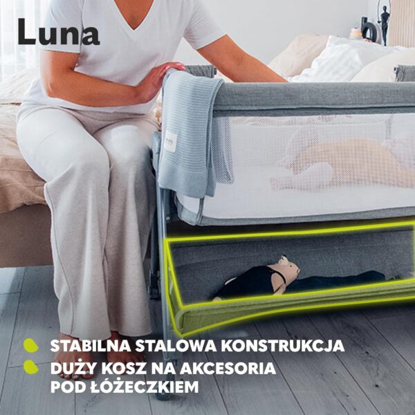 Lionelo Luna Łóżeczko Dostawne 2w1 Co-sleeping z Materacem Szare